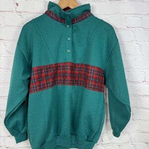 Vintage 90s PennyLane Teal Fleece Pullover Sweatshirt Plaid Accent Size large